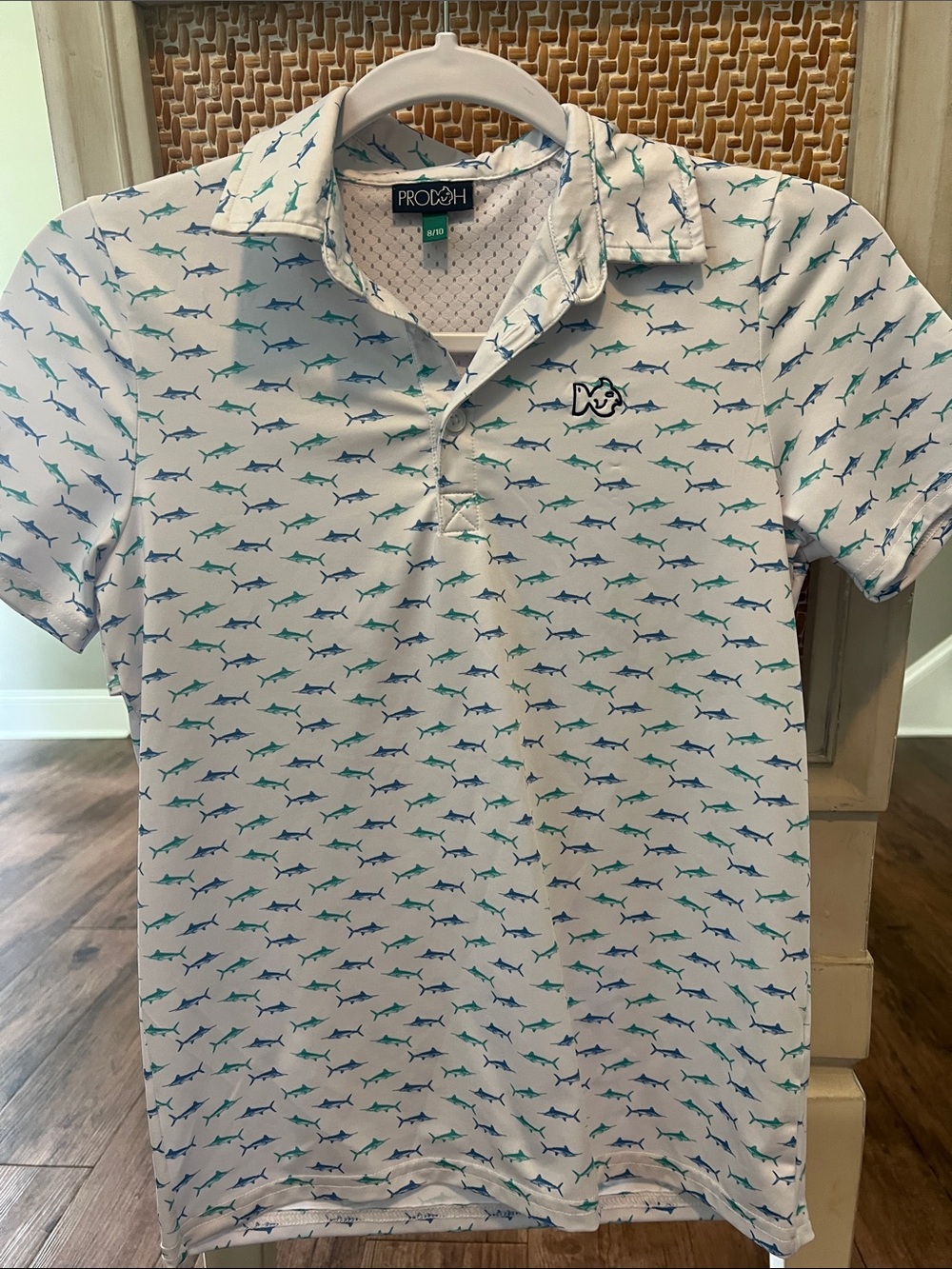 Prolesh Kids' White Polo with Blue & Teal Shark Print